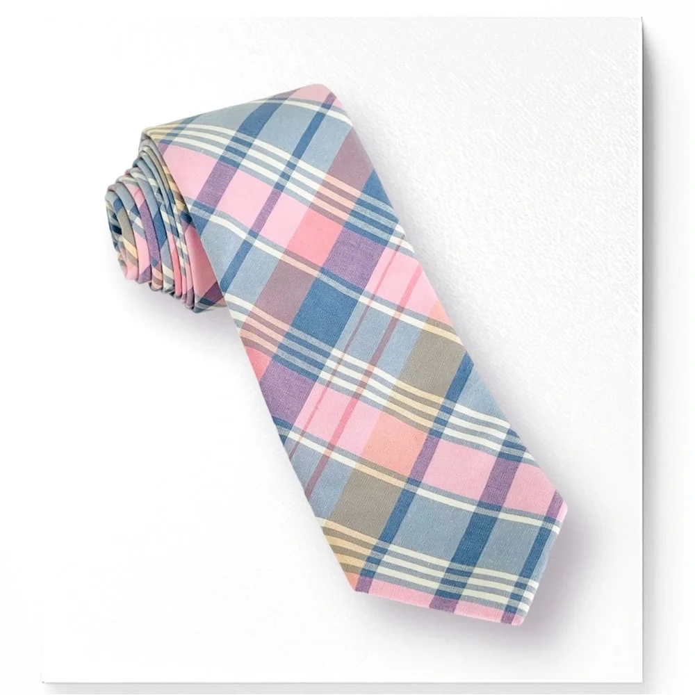 J. Crew Mixed Plaid Tie Classic Style 100% Cotton Lining Dusty Pink/Blue…